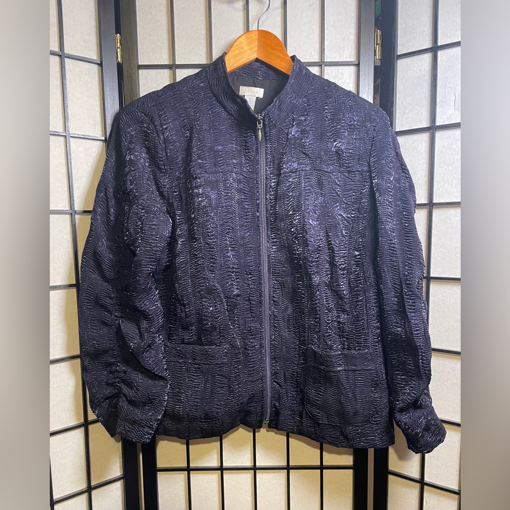 Chico's Women's Size 2 Ruched Deep Purple Plum Bomber Jacket Zipper Coat Large